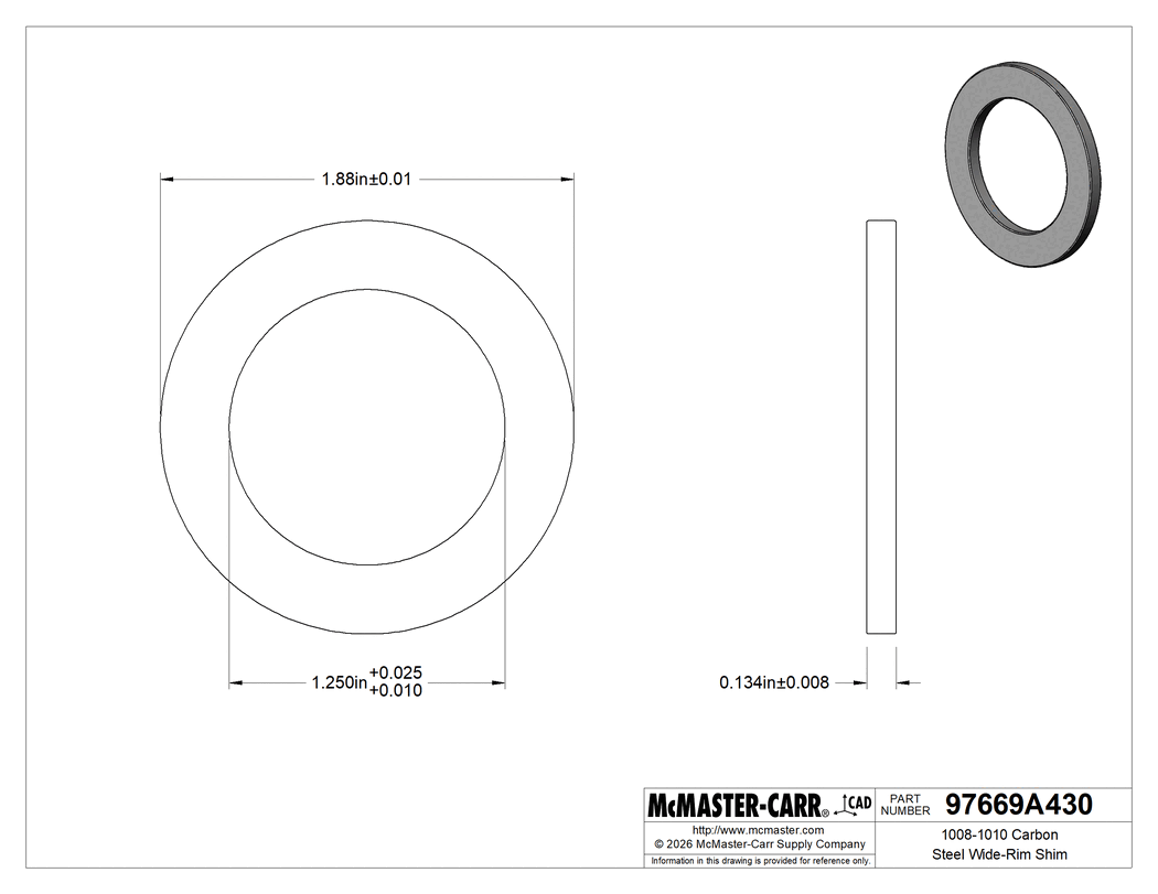 Technical Drawing of 1008-1010 Carbon Steel Wide-Rim Shim, Zinc-Plated, 0.134" Thick x 1-1/4" ID x 1-7/8" OD.